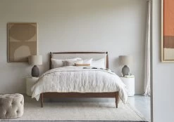 Dark Ash Bagel Bed Double In Natural Linen -furniture 542636 midcentury bed 12461 cropped lights on 2
